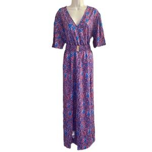 Vibrant Blue and Pink Patterned Maxi Dress